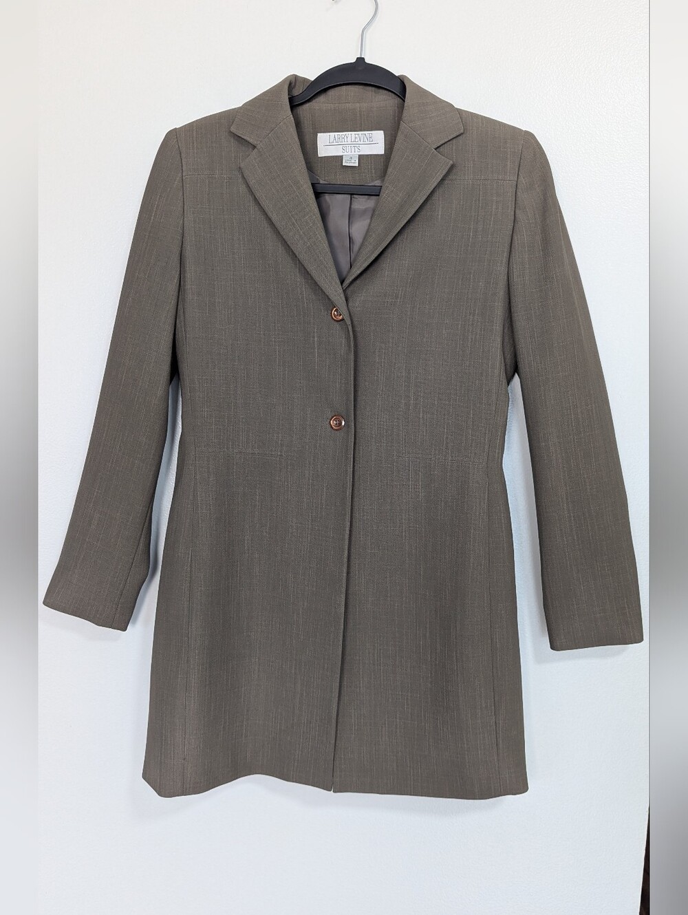Vintage 90s Larry Levine Size 4 Taupe Brown Gray Longline 2-Button Blazer